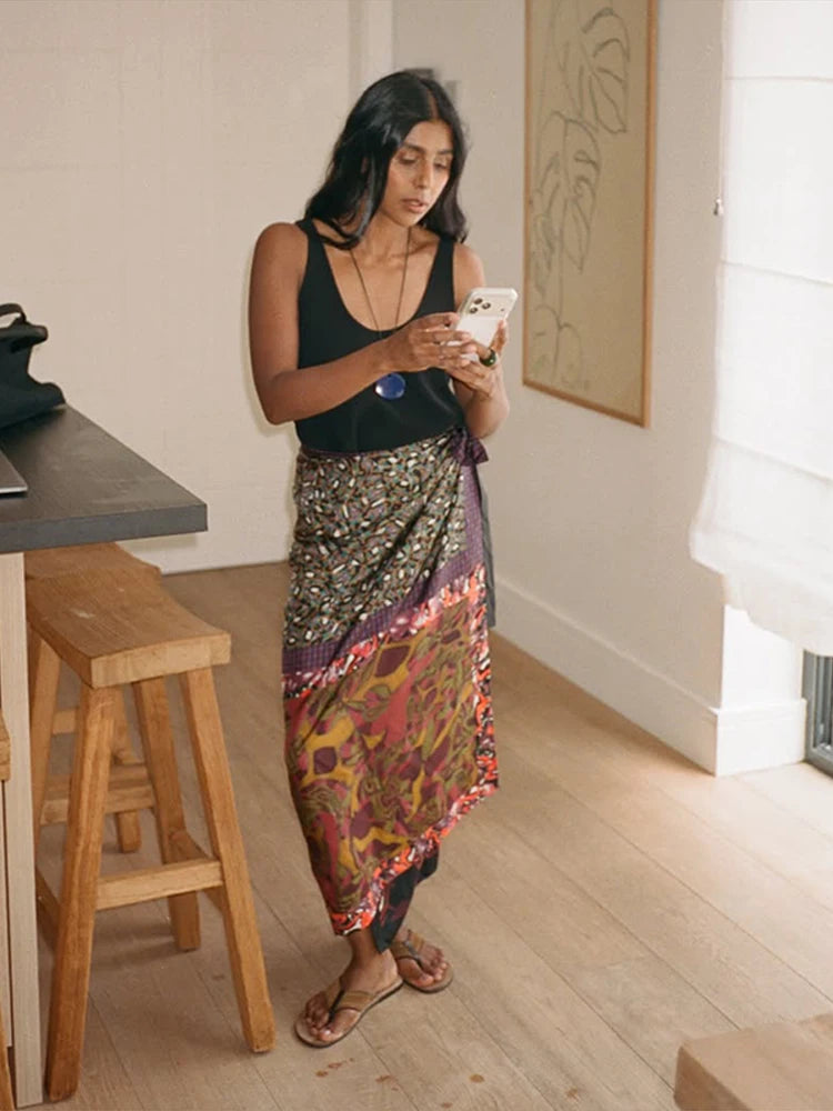 High Waist Wrap Tie Midi Skirt Color Block Abstract Floral Patchwork Print Flowy Satin Skirts 2026 Summer Holiday Boho Chic Wear