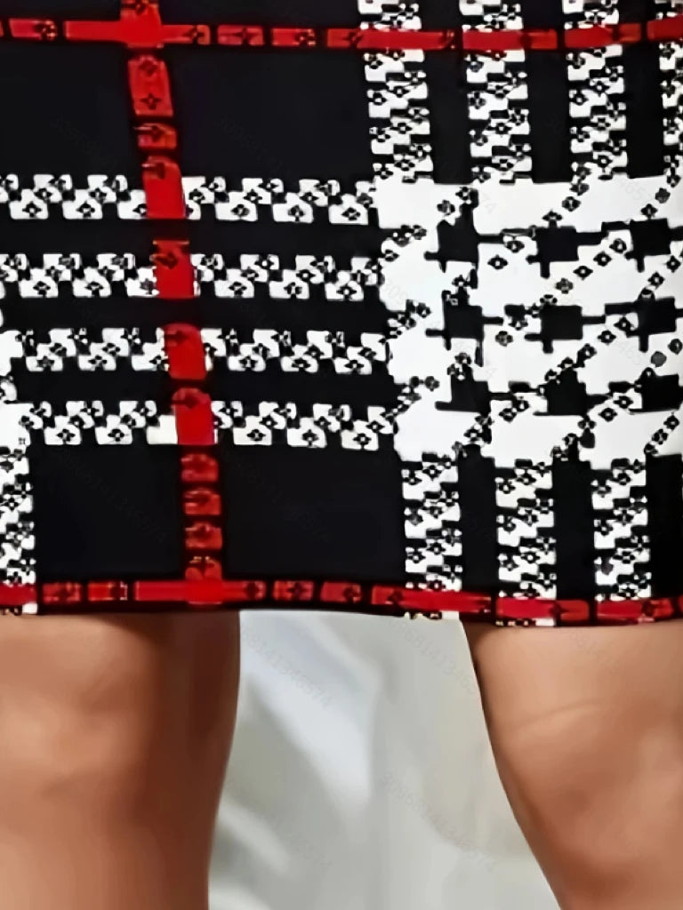 Black White Red Plaid High-Waist Bodycon Skirt, Slim-Fit Midi Pencil Skirt