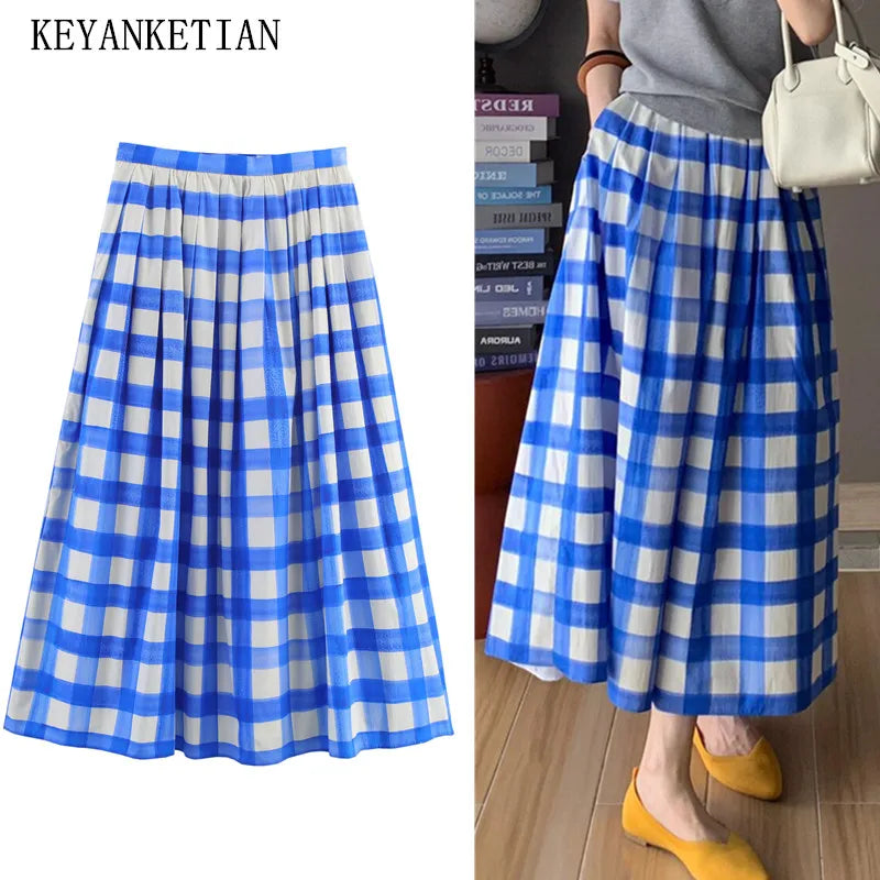KEYANKETIAN 2025 New Classic Plaid Pleated Puffy Skirt Zipper High Waist Pockets Women's Vintage Ankle-Length A Line MIDI Skirt