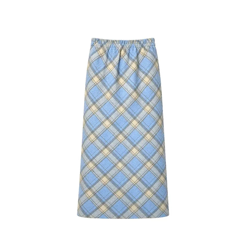 Plaid Woolen Skirts Women New Fashion 2026 Autumn Winter High Waisted Straight Midi Skirts Woman Preppy Style Retro Long Skirt
