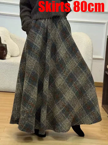 Vintage Plaid Midi Skirts for Women Korean High Waist Casual Faux Wool Skirts Y2K Elegant Office Lady All Match A Line Skirts