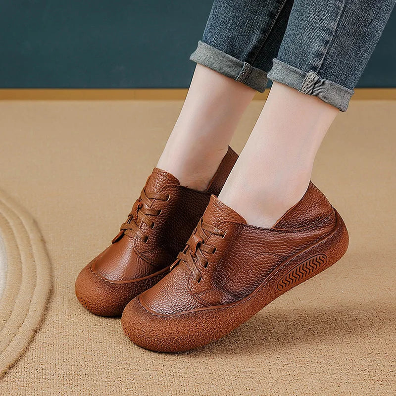 Lace Up Genuine Leather Shoes New Women's Soft Moccasins Woman Convertible Wide Fit Loafers Mom Oxfords Flats Ladies Flat Shoes