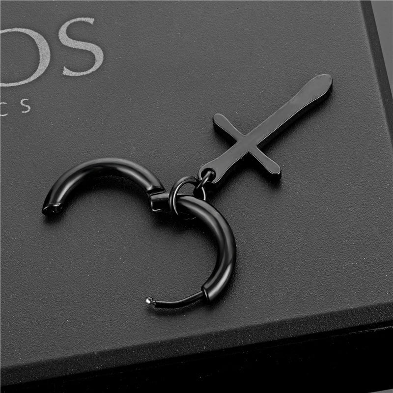 2PC Punk stainless steel Small Hoop Earrings for Men and Women Gothic Cross Ear Ring Pop Hip Hop Piercing Ear studs Jewelry