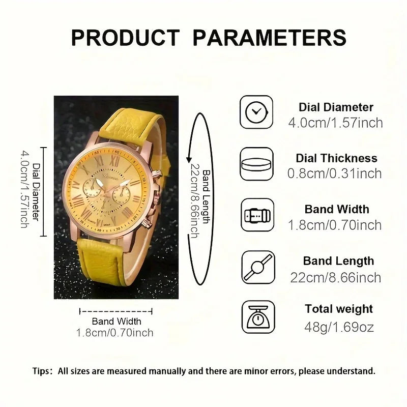 9-piece fashionable watch set, unisex quartz movement, round zinc alloy case, faux leather strap, none, mixed colors,