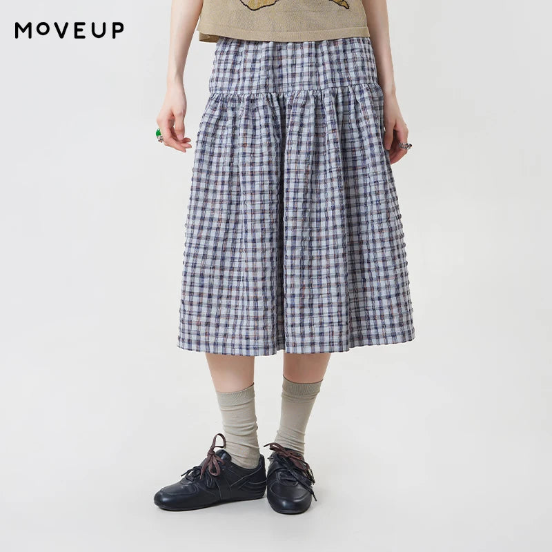 MOVEUP Casual Plaid Skirt 2026 Summer New Elastic Waistband Pocket Commuting Pleated Patchwork Loose A-Line Skirt 3ELX20627