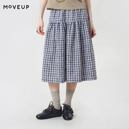 MOVEUP Casual Plaid Skirt 2026 Summer New Elastic Waistband Pocket Commuting Pleated Patchwork Loose A-Line Skirt 3ELX20627