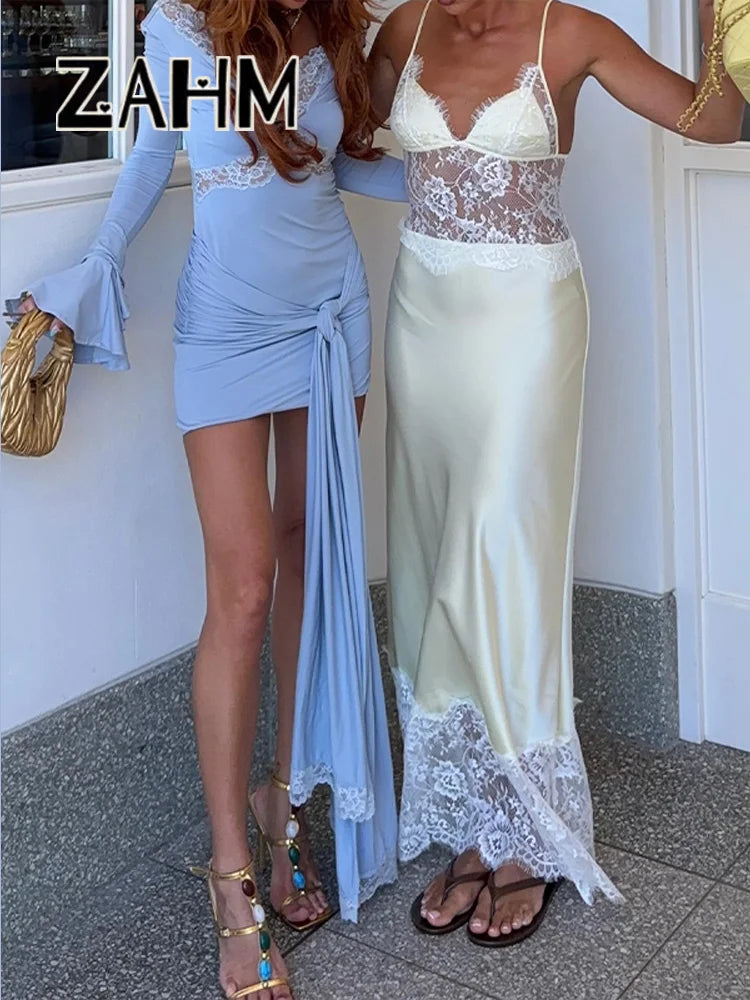 Elegant Lace Patchwork Women's Dress V-Neck Bell-Bottomed Sleeve Lace Up Hip Package Lady Dresses 2026 Spring Summer Robe New