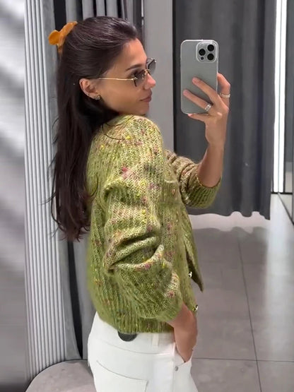 Knitted Cardigan For Women Single Breasted Elastic Hem Pocket O-Neck Women's Sweater Long Sleeve Short Blouse Chic Cardigan Lady