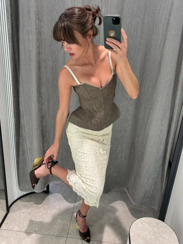 Women Solid Deep-v Satin Camisole Corset Top Elegant Double-strap Fitted Cropped Back-tie 2026 Chic Versatile Date Lady Tops