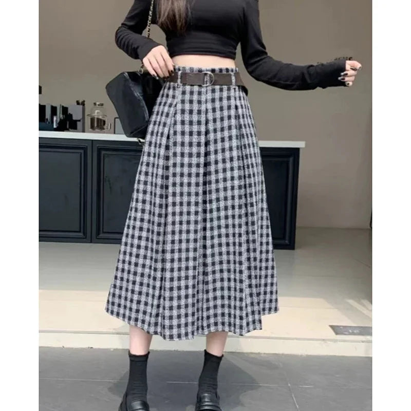 Women's Plaid A-Line Skirt with Tie Waist