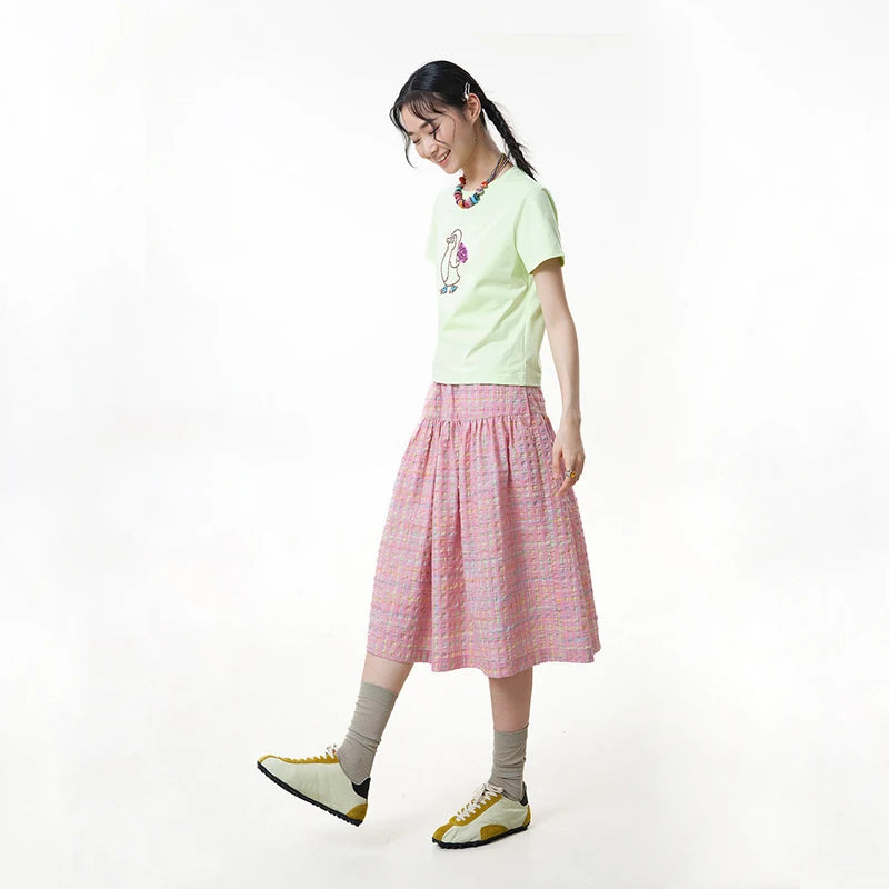 MOVEUP Casual Plaid Skirt 2026 Summer New Elastic Waistband Pocket Commuting Pleated Patchwork Loose A-Line Skirt 3ELX20627