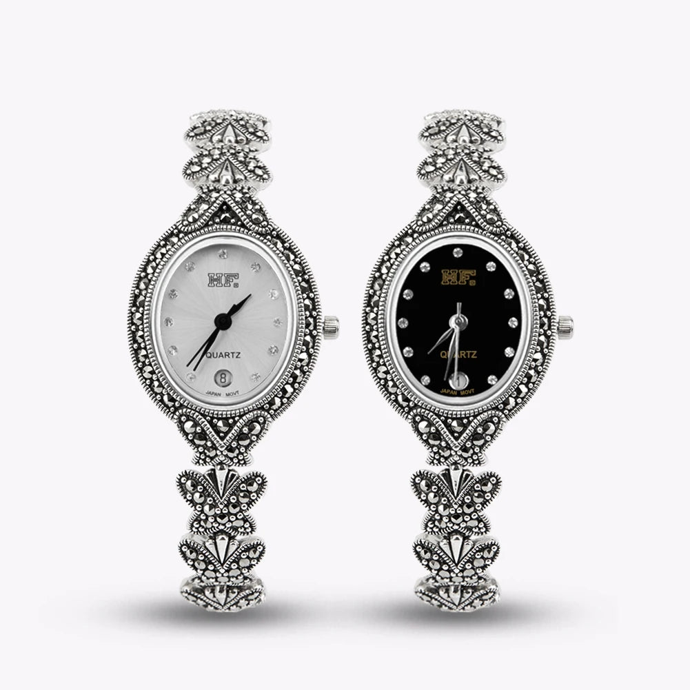 Solid 925 Sterling Silver Thailand Silver Marcasite Butterfly Style Luxury Wrist Watches Jewelry Women's Quartz Watches Bracelet
