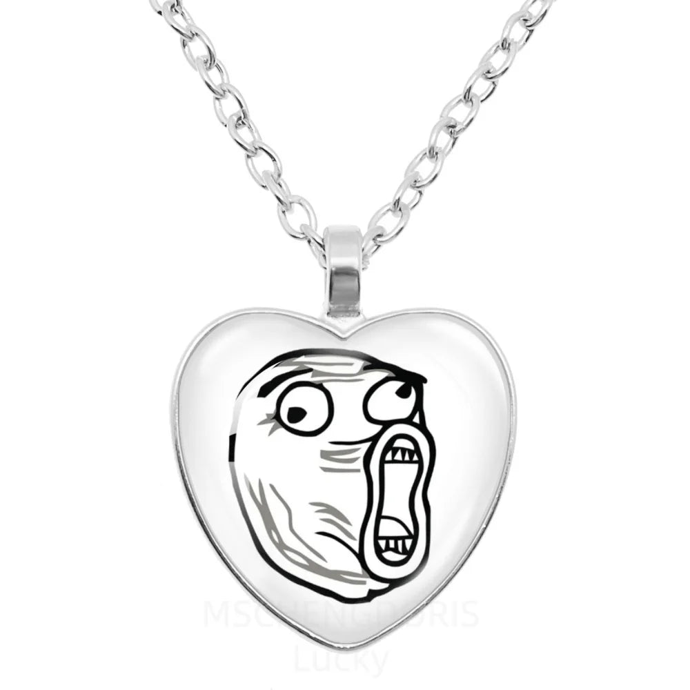Rage Comic Necklace Derp Face Trollface Funny Meme Cartoon Glass Heart Shape Pendant Chain Necklace Charm Jewelry Collect Gift