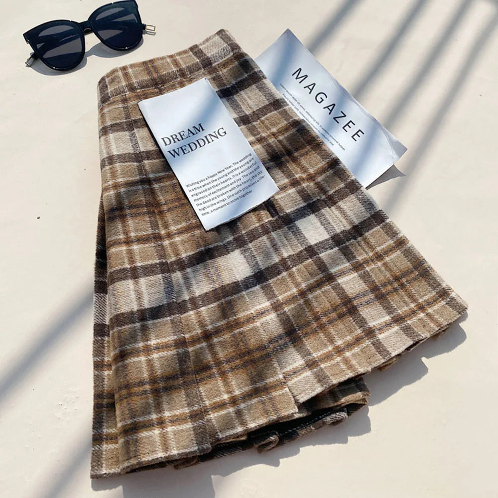 Plaid Woolen Blends Pleated Skirt For Women Fall Winter High Waist A-line Skirt Ladies Fashion Khaki Mini Skirts Vintage Female