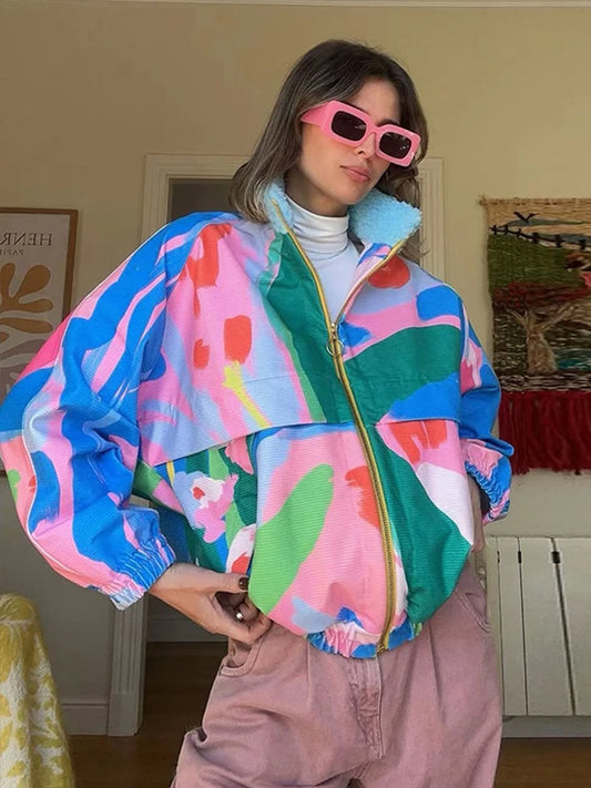 Rainbow Print Corduroy Fleece Collar Er Jacket Oversized Zip Up 2026 Autumn Women Outerwear Vibrant Casual Lady Chaqueta