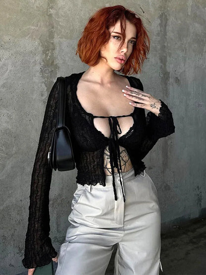 Gothic Lace Up Sexy Blouses Grunge Y2k Fairycore Long Sleeve T-shirts Female Transprent Skinny Fashion Tops