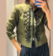 Women Woven Patchwork Crop Jacket Shoulder Pad Frog Button Long Sleeve Street Slim Paneled Blazer 2026 Spring Chic Napoleon Coat