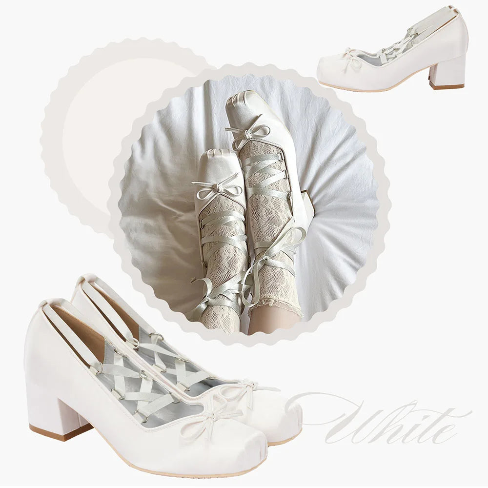 Brand Big Size 43 Square Heels Pink Cross-tied Ballerina Pumps Satin White Lace-up Sweet Lolita Mary Janes Ballet Shoes Women