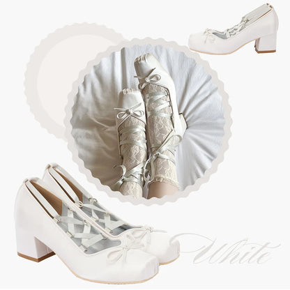 Brand Big Size 43 Square Heels Pink Cross-tied Ballerina Pumps Satin White Lace-up Sweet Lolita Mary Janes Ballet Shoes Women