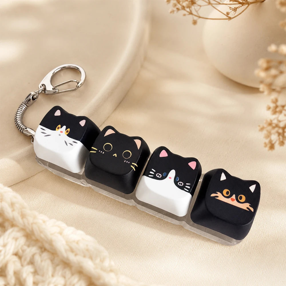 Cute Cat Relax Button Keycap, Kawaii Cat 4-Key Keyboard Fidget Toy for Friends Gift, Portable Fidget Keychain Fashion Bag Charm