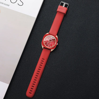 Fashion Women Square Quartz Watch Red Silicone Strap Decorative Three Dials Sports Wristwatches Relogio Feminino（Without Box）
