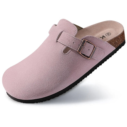 Shevalues Women's Suede Clogs Classic Cork Slippers Leather Mules Men Cork Footbed Sandals Comfort Beach Shoes with Arch Support