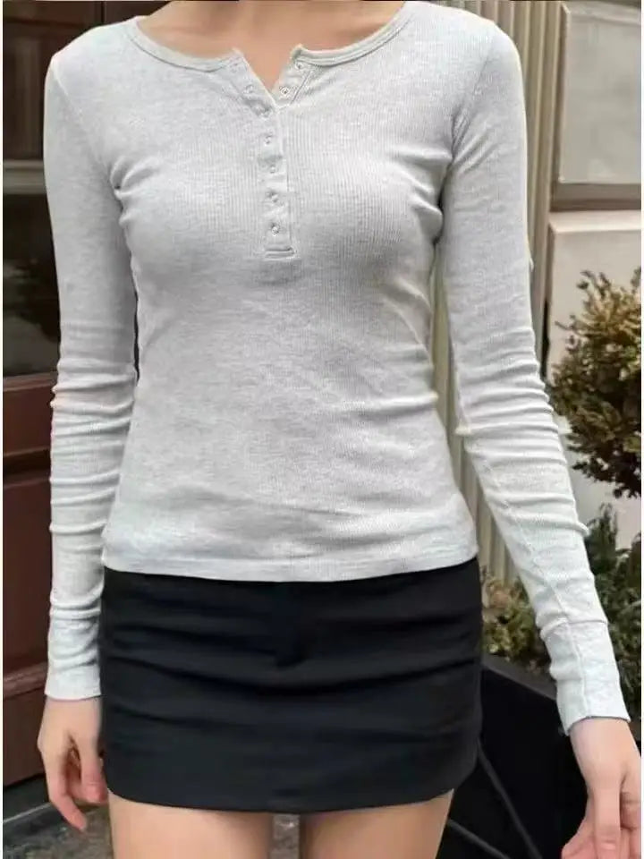 Retro White Ribbed Button T-shirts Women Spring Cotton Round Neck Long Sleeve Tees Female Y2k Streetwear Casual T Shirt Tops