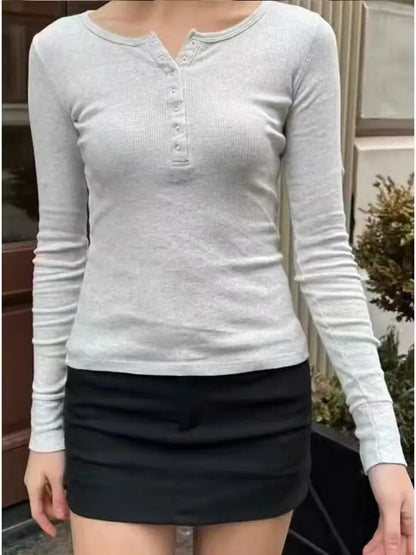 Retro White Ribbed Button T-shirts Women Spring Cotton Round Neck Long Sleeve Tees Female Y2k Streetwear Casual T Shirt Tops