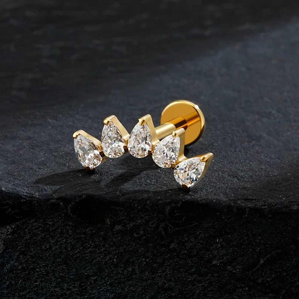 Right Grand ASTM F136 Titanium 5-Pear CZ Crown Cartilage Earring 16G Flat Back Stud Helix Tragus Labret Nose Piercing Jewelry