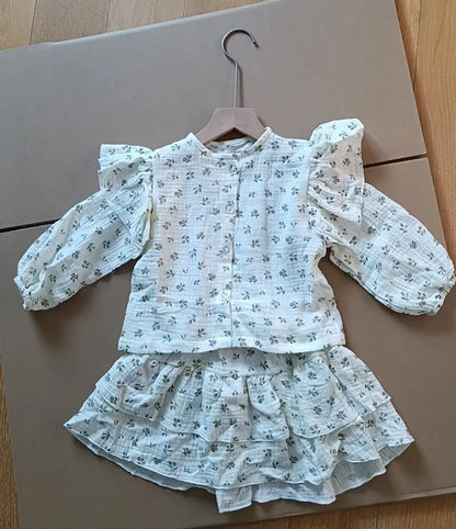 4478-1  Children Clothing Set INS Russian Girl's Dress Autumn Floral Lace Shirt+Cake Skirt Two-piece Set