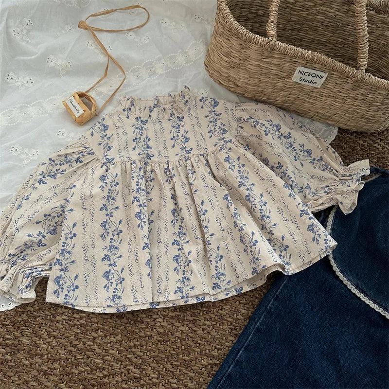 deer jonmi 2026 New Autumn Toddlers Girls Printed Blouses Puff Sleeve Ruched Tops Korean Style Baby Kids Loose Shirts