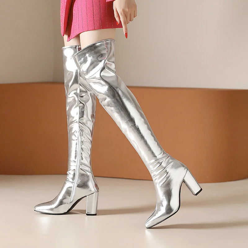 Women's Metallic Over-the-Knee Block-Heel Boots
