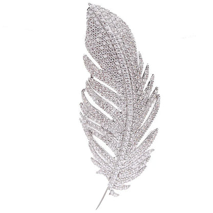 Elegant Silver Color Full of Rhinestone Feather Brooches for Women Men Unisex Luxury Crystal Lapel Safety Pins Party Jewelry