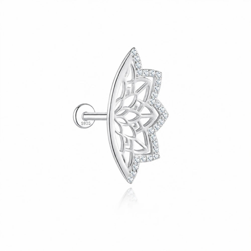 AIDE 925 Sterling Silver Shiny Hollow Lotus Flower Crown Flat Back Internal Thread Piercing Earring For Women INS Dainty Luxury