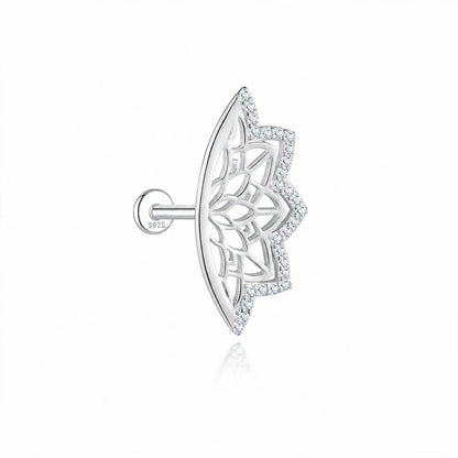 AIDE 925 Sterling Silver Shiny Hollow Lotus Flower Crown Flat Back Internal Thread Piercing Earring For Women INS Dainty Luxury