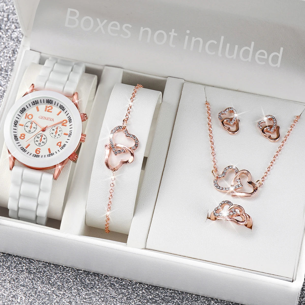 5/6PCS Fashion Women Watches Casual Silicone Band Ladies Quartz Watch Jewelry Set Relogios Feminino Girls Clock Gift（Without Box