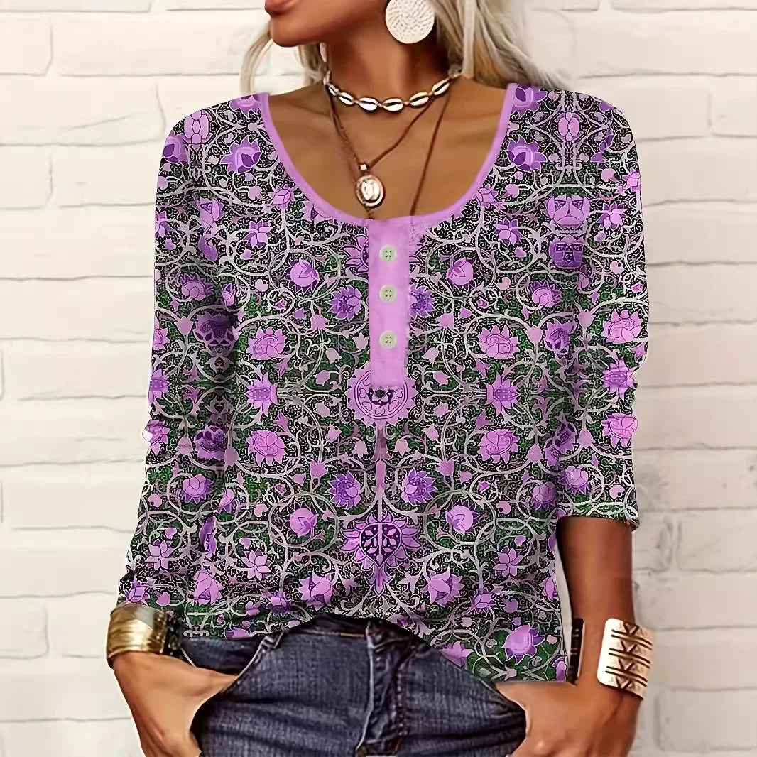 Women Long-Sleeved O-Neck Shirt Fashion Printed Casual Blouses 2025 New Spring Autumn Vintage Ethnic Style Femme Tops Plus Size