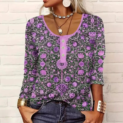 Women Long-Sleeved O-Neck Shirt Fashion Printed Casual Blouses 2025 New Spring Autumn Vintage Ethnic Style Femme Tops Plus Size
