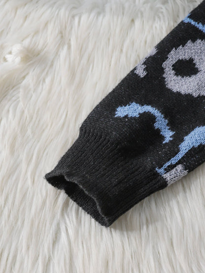 Autumn and Winter Abstract Cat Jacquard Double-Sided Pattern Pullover Sweater Casual Round-Neck Knit Men's Pullover Sweater Suitable for Daily Wear Unisex Outerwear