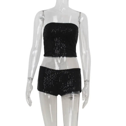 Ahagaga Sexy Club Sequins Women's Suits Sets Fashion Solid Slim Wrapping Chest Sleeveless Tracksuits 2Pcs (Tops+Short Pants)