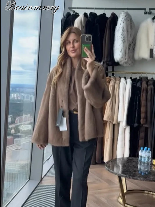 Women Brown Faux Fur Open Front Cardigan Coat Long Sleeve Collarless Loose Plush Outerwear Lady Elegant Winter Warm Furry Jacket