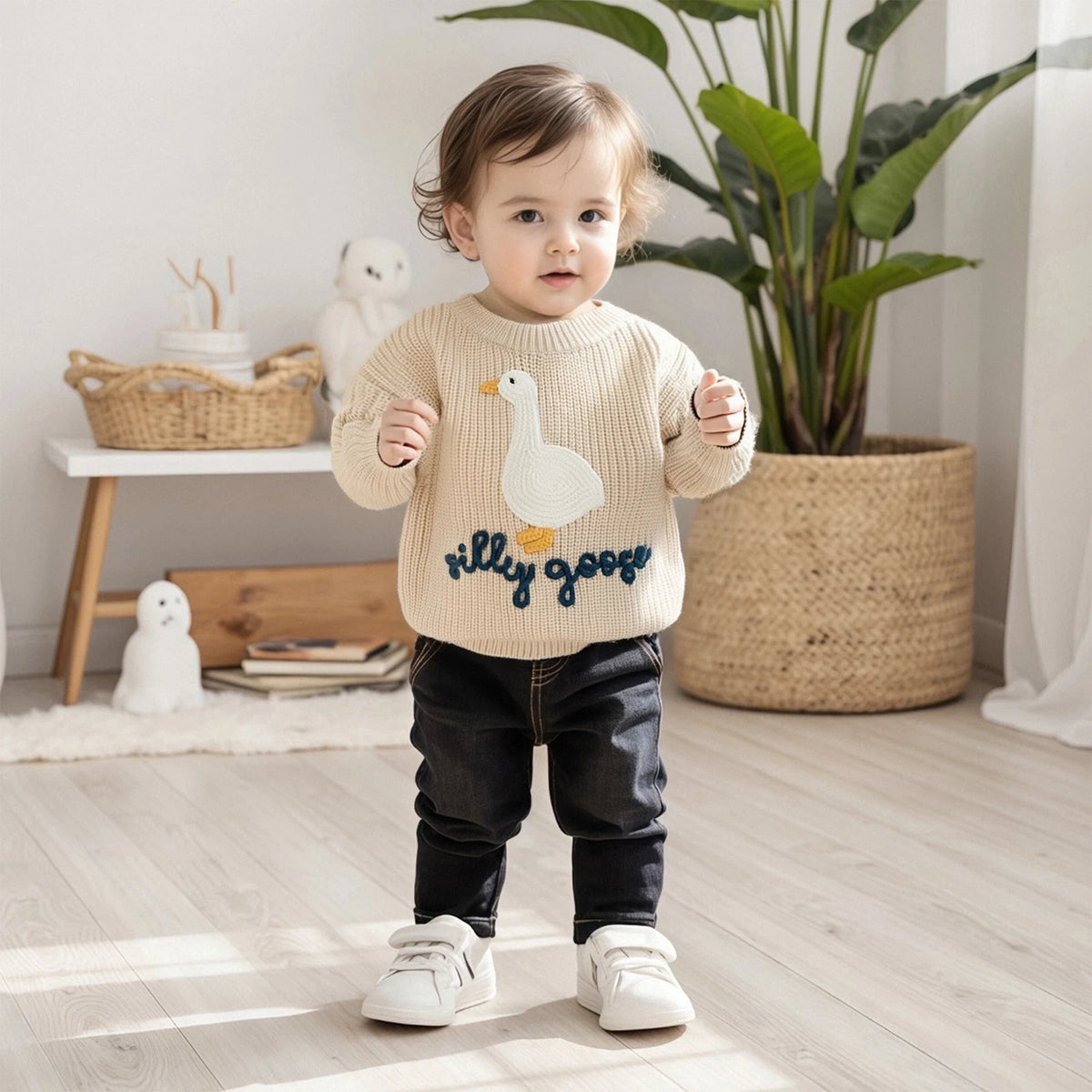 Toddler Baby Goose Sweater Animal Letter Embroidered Crewneck Long Sleeve Pullover Chunky Knit Tops
