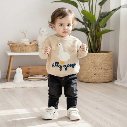 Toddler Baby Goose Sweater Animal Letter Embroidered Crewneck Long Sleeve Pullover Chunky Knit Tops