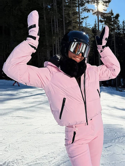 Warm Women's Skiwear Jumpsuit With Belt Stand Collar Full Sleeve Zipper Straight Thicken Jumpsuits 2026 Winter Lady Chic Clothes