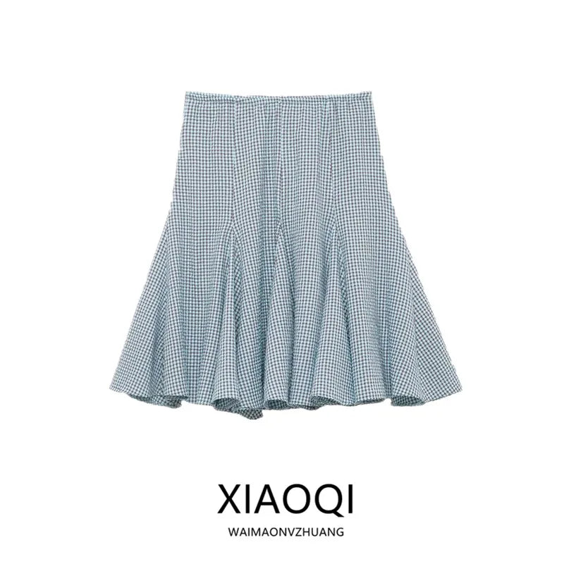 Low Waist Plaid  Cloth Half Skirt Spring New Arrival Women's Fashion Gingham Design Loose Fit Midi Skirt