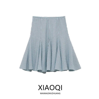 Low Waist Plaid  Cloth Half Skirt Spring New Arrival Women's Fashion Gingham Design Loose Fit Midi Skirt