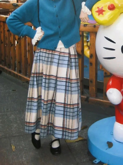 Faux Wool Plaid Midi Skirts for Women Autumn Winter Warm Preppy Pleated Skirts Female Korean Loose Vintage A Line Skirts New