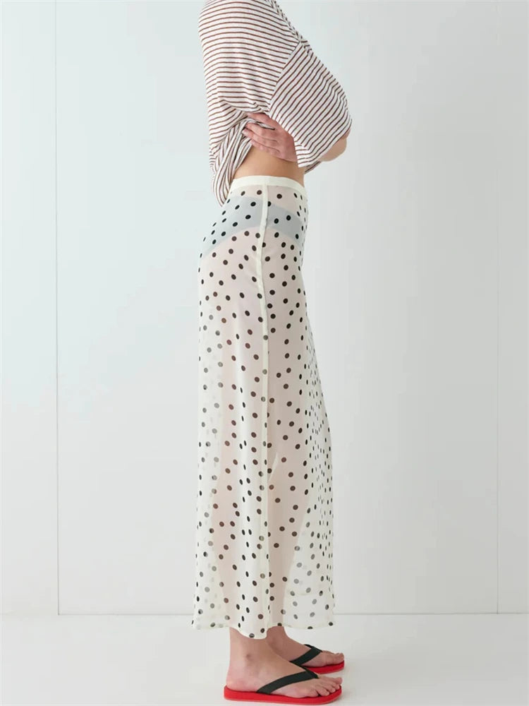 Women Summer Midi Skirts Elegant Dots Print Sheer Long Skirt for Beach Vacation Club Streetwear