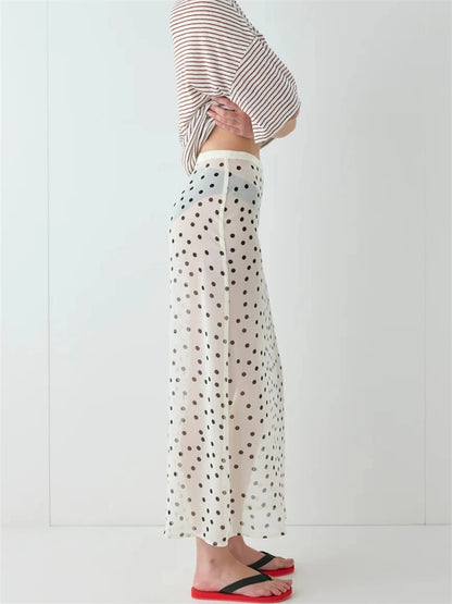 Women Summer Midi Skirts Elegant Dots Print Sheer Long Skirt for Beach Vacation Club Streetwear