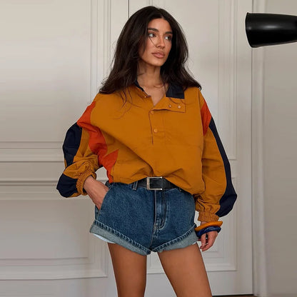 Casual Paneled Contrast Women's Cropped Windbreaker Loose Stand Collar Zipper Full Sleeve Jackets 2026 Autumn Lady Chic Outwear